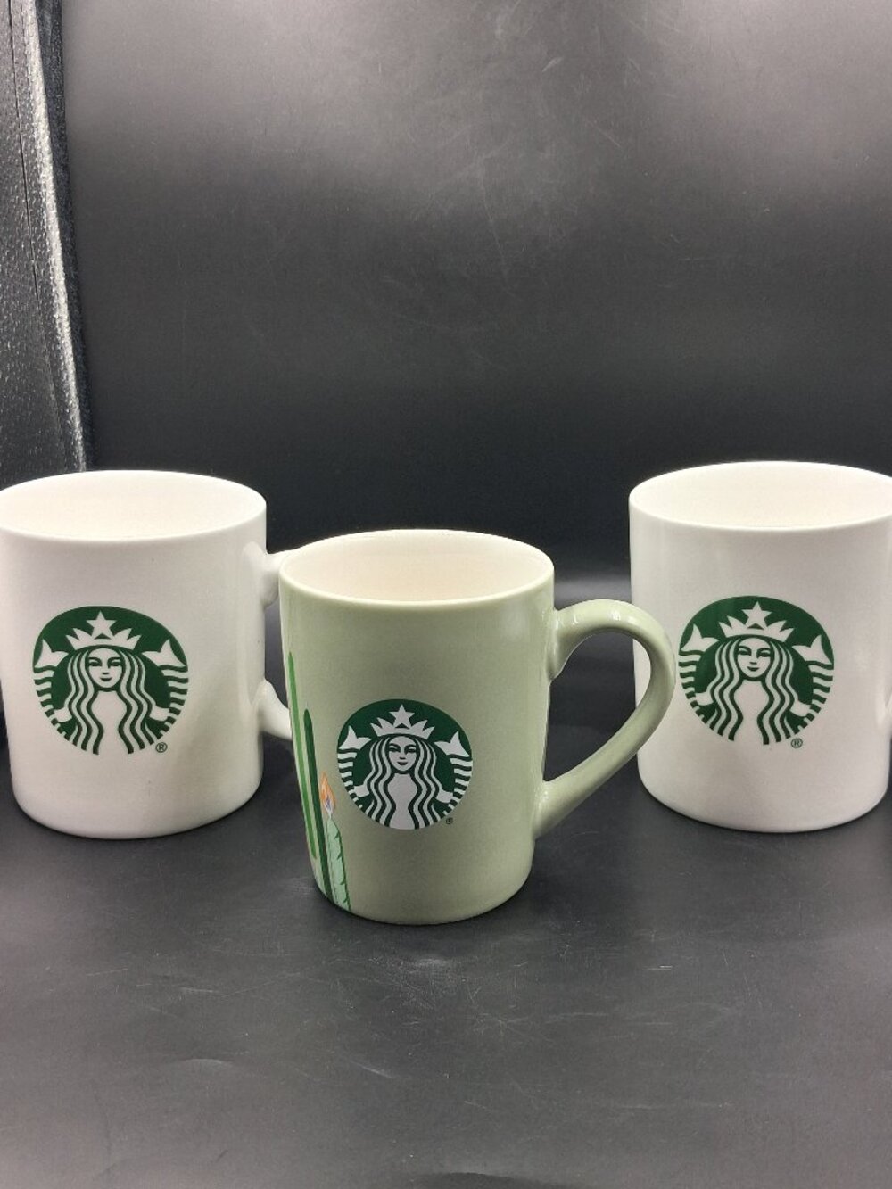 2014 & 2021 Starbucks Green Birthday & White w/Mermaid Siren Logo Coffee Mug EUC